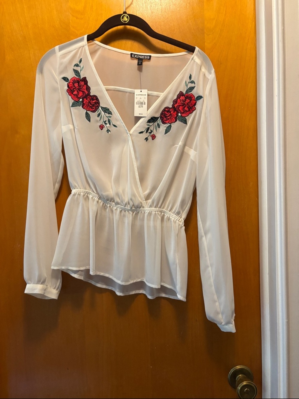 Express Sheer White Peplum Blouse with Red Rose Embroidery